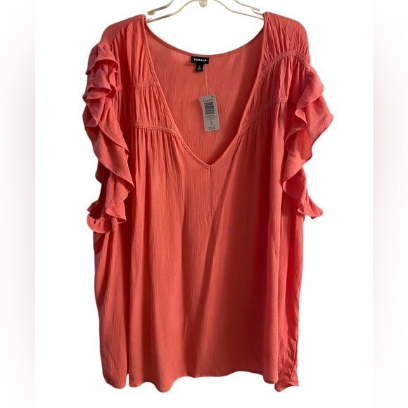 Torrid mixed eyelet sisterhood babydoll gauze v neck coral top 5X NWT - Picture 1 of 9